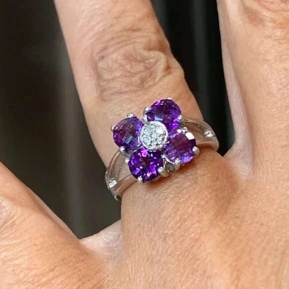 -Sterling Amethyst Floral Ring | Size 5 | Celestial Luxe Sparkle - Picture 8 of 14